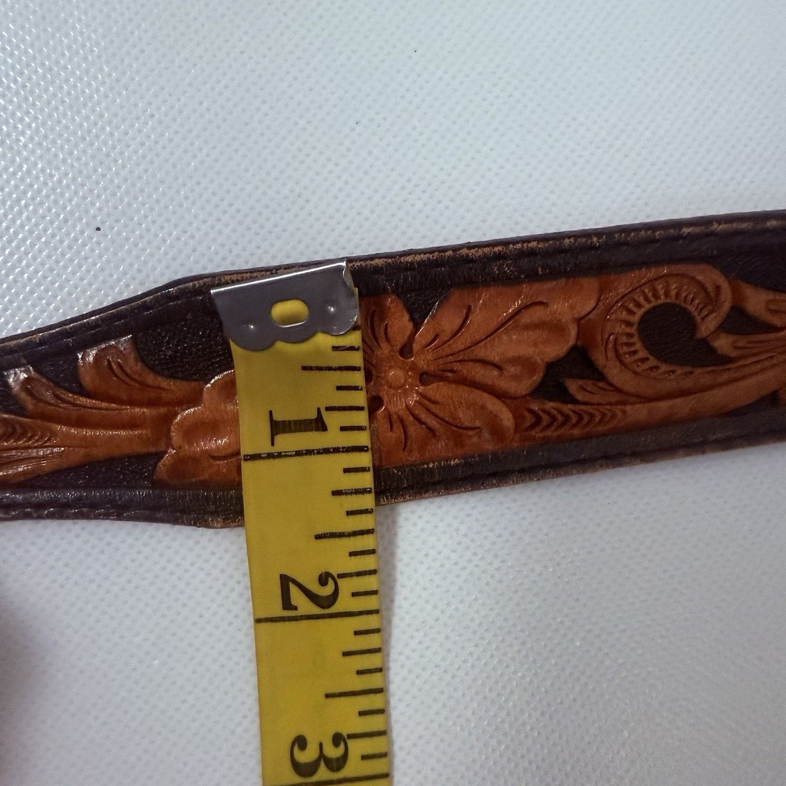 Tony Lama Vintage Belt Hand Tooled Buckle Western Leather Inlay Cowboy Size 32 - 8 Thumbnail
