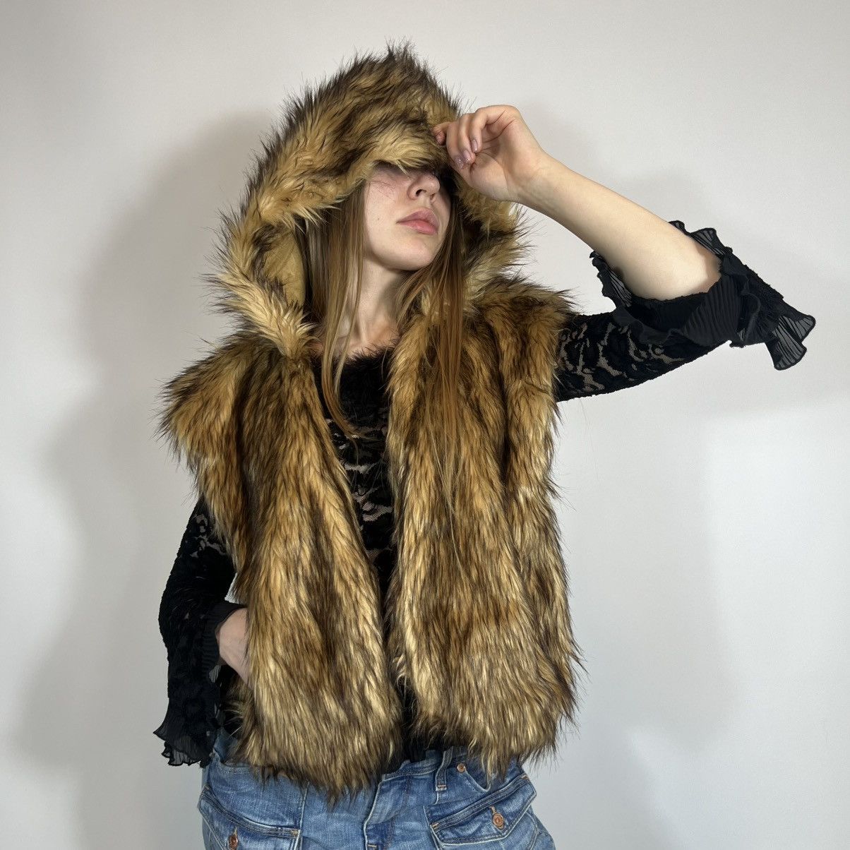 Vintage Y2K FUR Japanese LGB Style Hood Vest If Six Was Nine