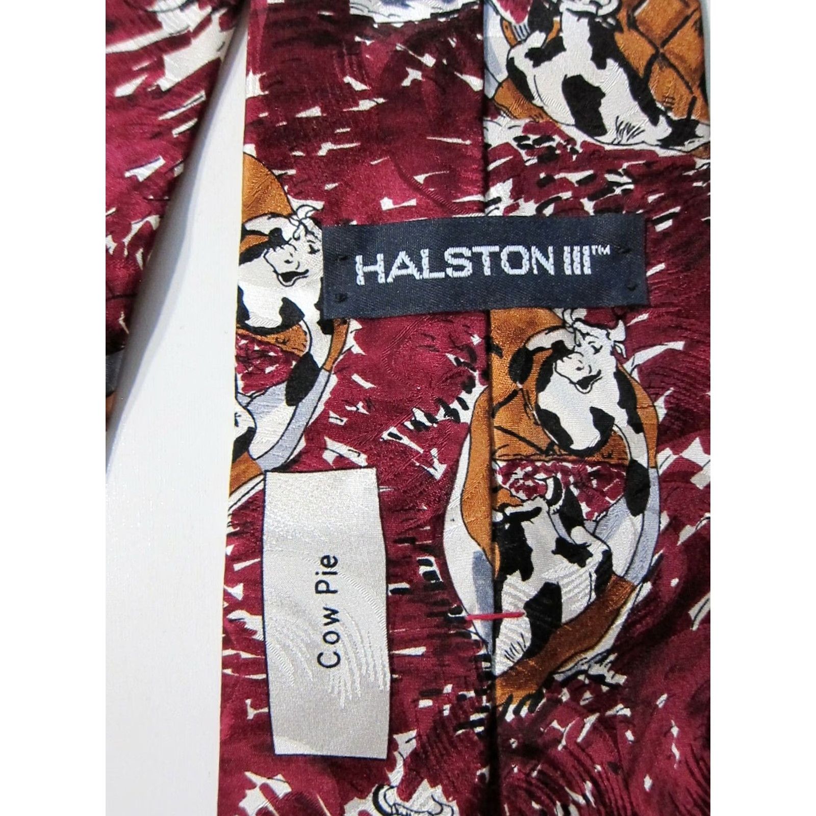 Halston VINTAGE Halston III 100% Silk Maroon Brown Black White Cow Pie Classic Tie Mens Tie Size ONE SIZE - 5 Thumbnail