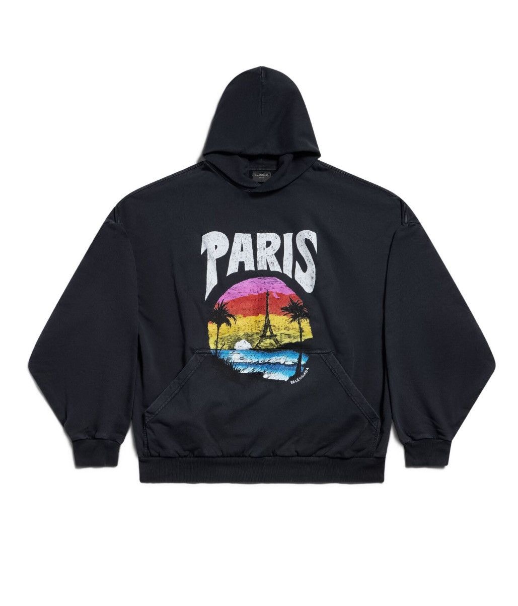 image of Balenciaga Paris Tropical Round Hoodie Oversized In Black/white, Men's (Size XL)