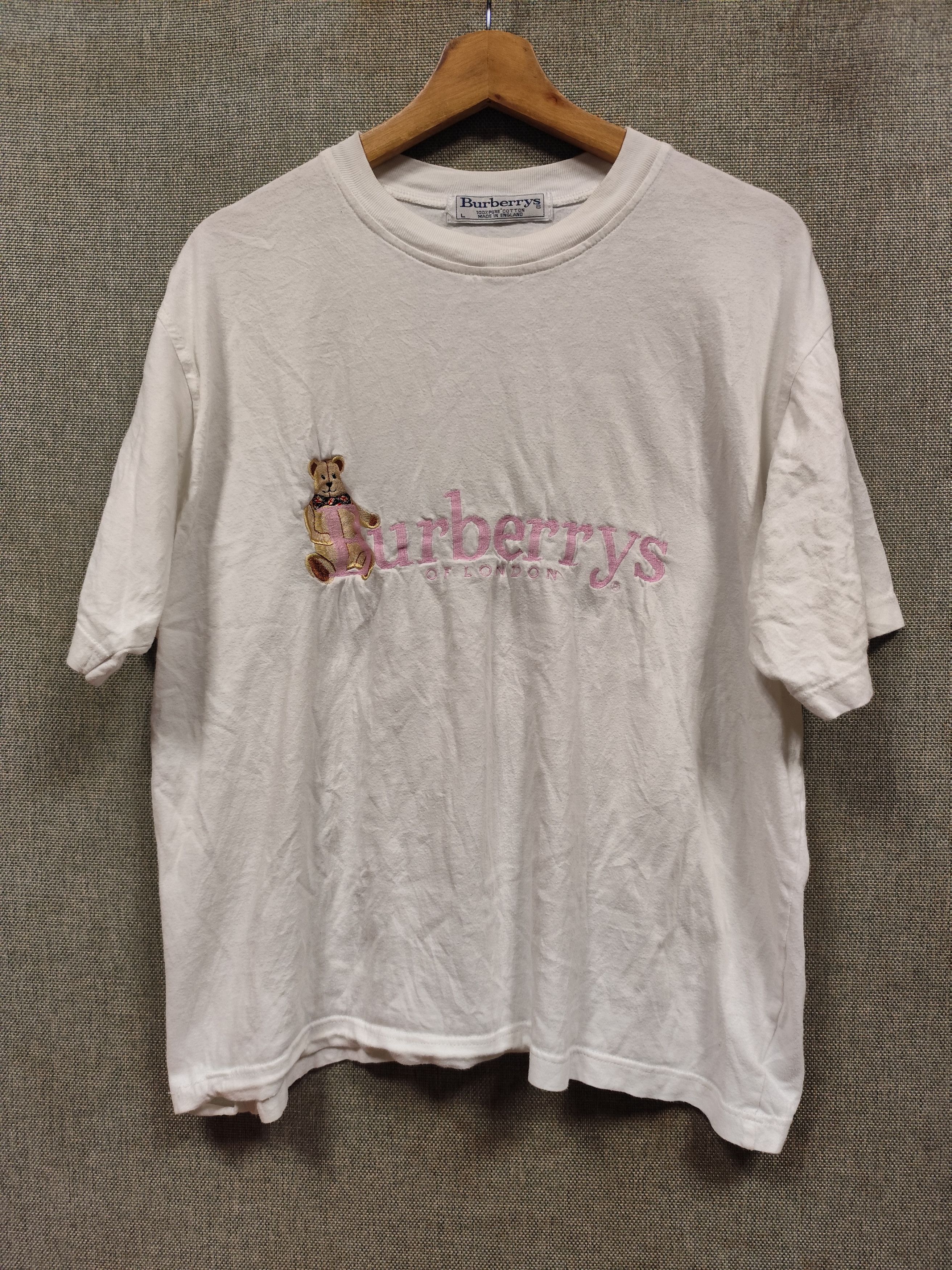 Burberry Vintage 90s Burberrys Of London Pink Spell Out Bear Tee Size US L / EU 52-54 / 3 - 1 Thumbnail