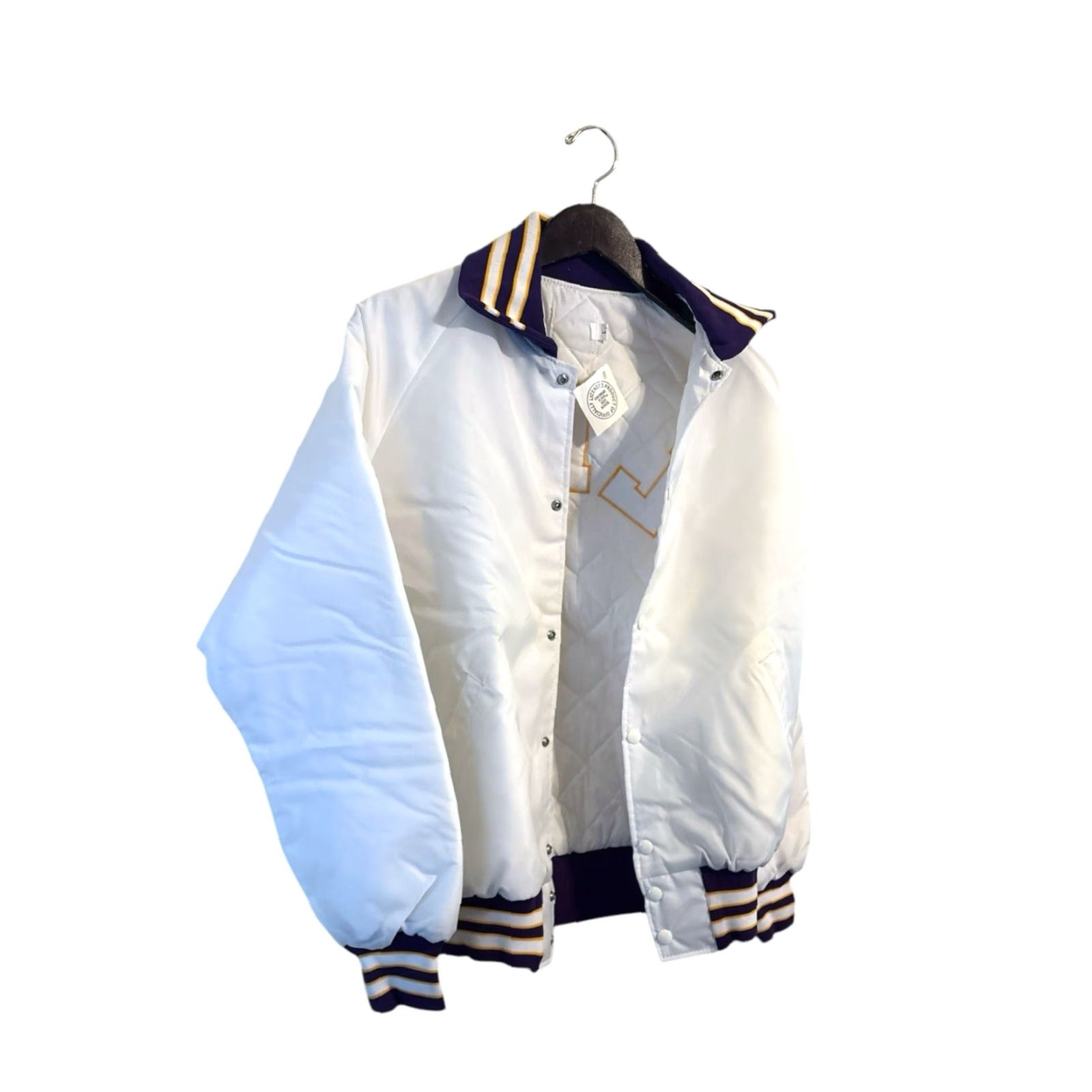 Vintage VINTAGE Elder High School Satin Jacket Mens L Deadstock NWT White Purple Gold Trim 80s Bomber USA Size US L / EU 52-54 / 3 - 7 Thumbnail