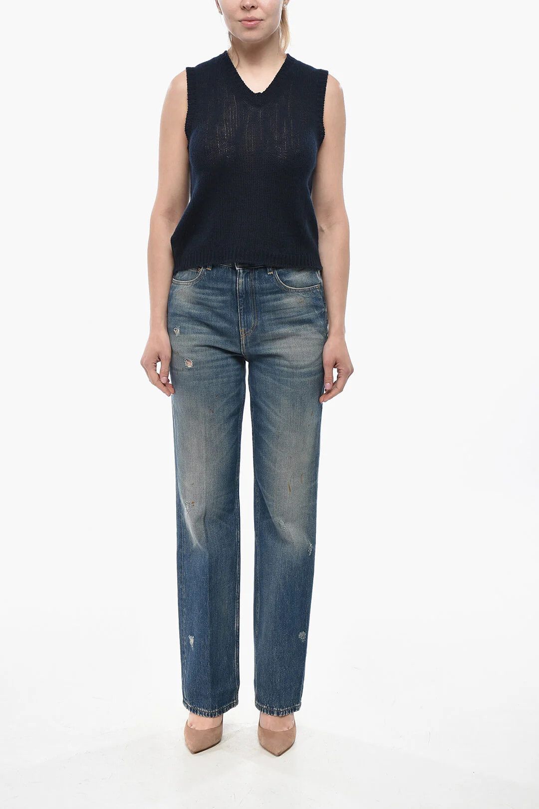 Prada og1mm0426 V-neck Cashmere Vest in Blue Size S / US 4 / IT 40 - 4 Thumbnail