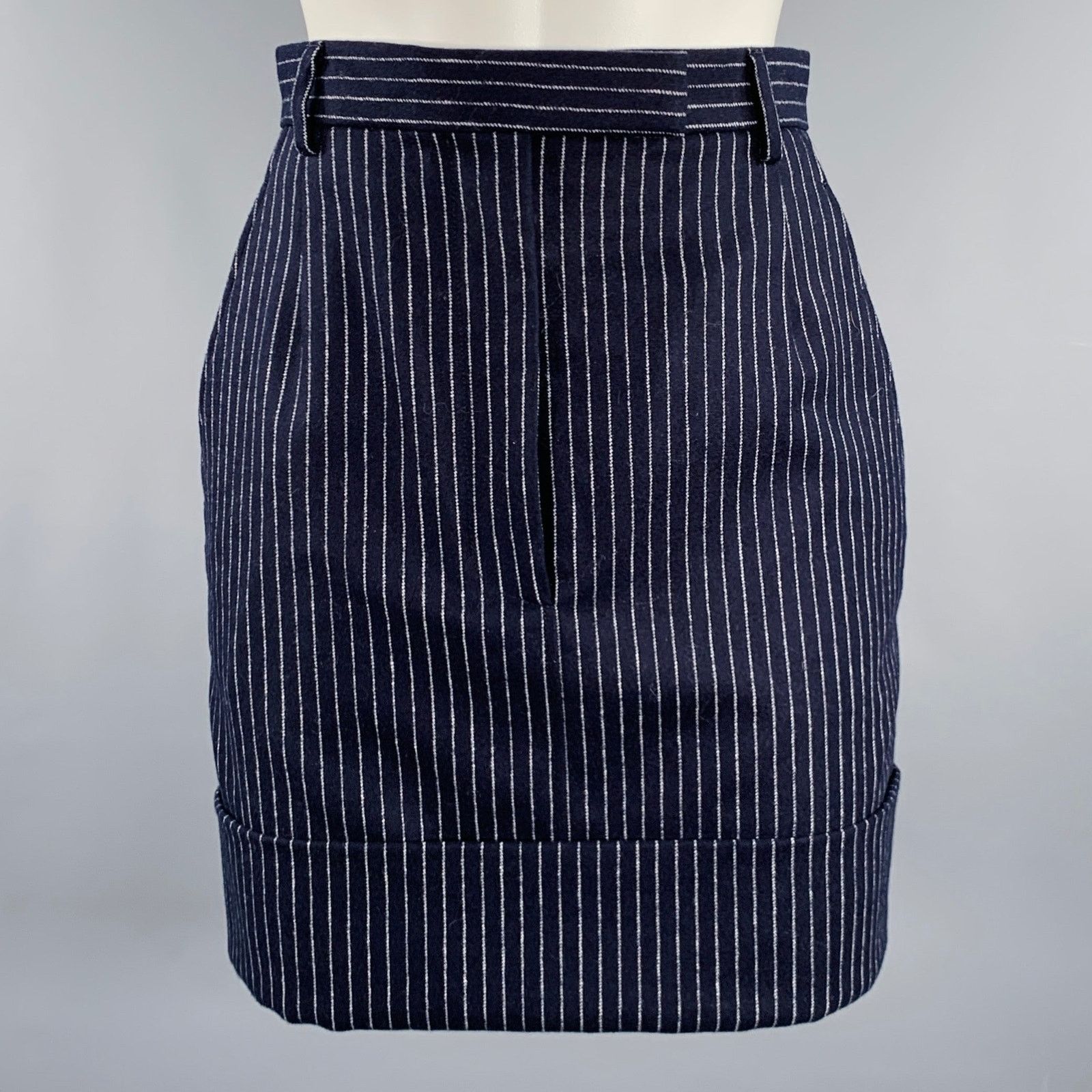 Thom Browne Size 0 Navy White Wool Cashmere Pinstripe Cuffed Mini Skirt Size 25" / US 0 / IT 36 - 1 Thumbnail