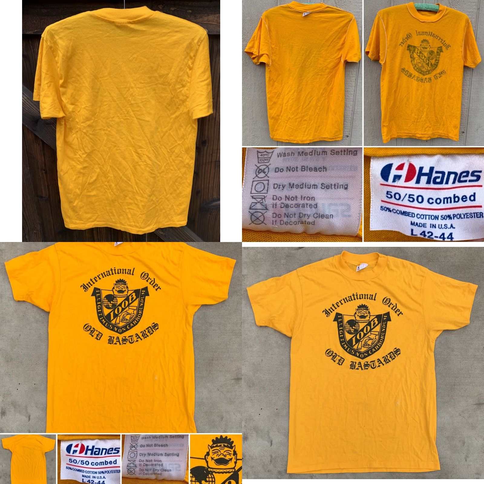 Hanes VINTAGE Hanes T-Shirt IOOB Old Bastards Graphic Print Crew Neck Short Sleeve L Yellow 50/50 Cotton Polyester Men Size US L / EU 52-54 / 3 - 9 Thumbnail