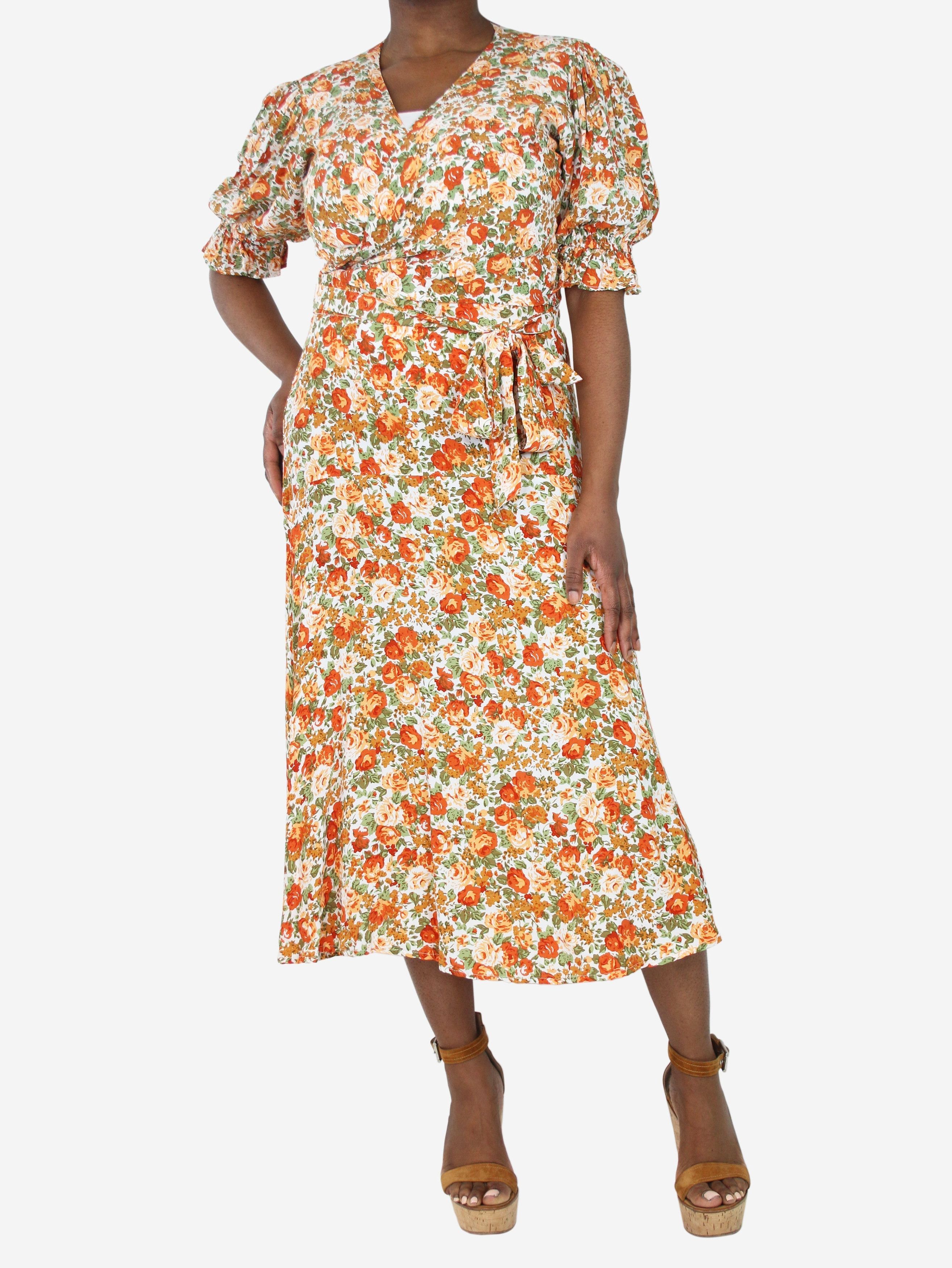 image of Orange Floral Wrap Top And Midi Skirt Set - Size Uk 12, Women's