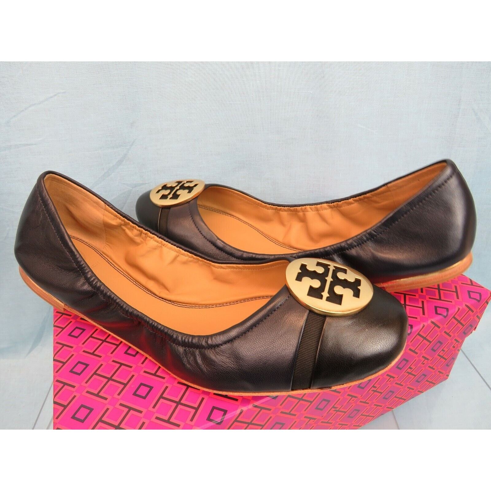 Tory Burch TORY BURCH MINNIE BLUE LEATHER GOLD REVA BLACK TOE FLATS 9 Size US 9 / IT 39 - 7 Thumbnail