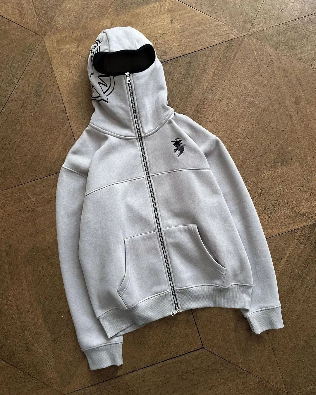 image of Vintage Y2K Embroidery Zip Up Warm Hoodie in Grey, Men's (Size XL)