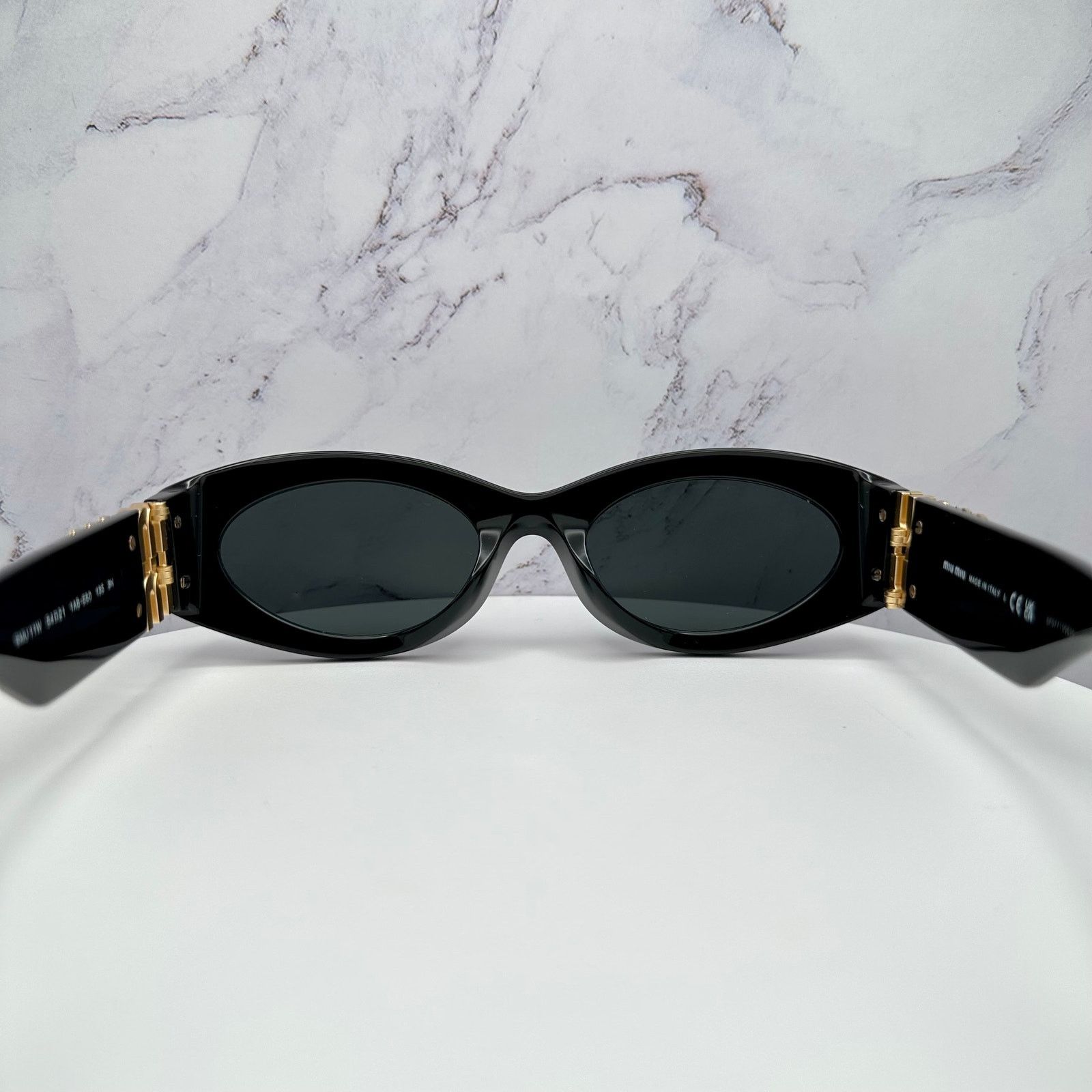 Miu Miu New MIU MIU Sunglasses Black Oval Acetate Gold Metal Logo Size ONE SIZE - 16 Thumbnail