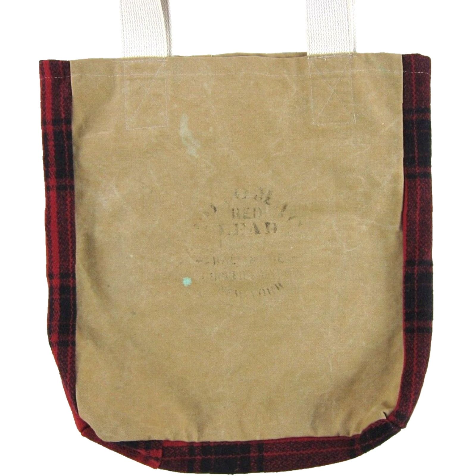 Vintage Handmade Brown Cotton Canvas Wool Red Black Plaid Large Shopping Tote Purse Size ONE SIZE - 3 Thumbnail