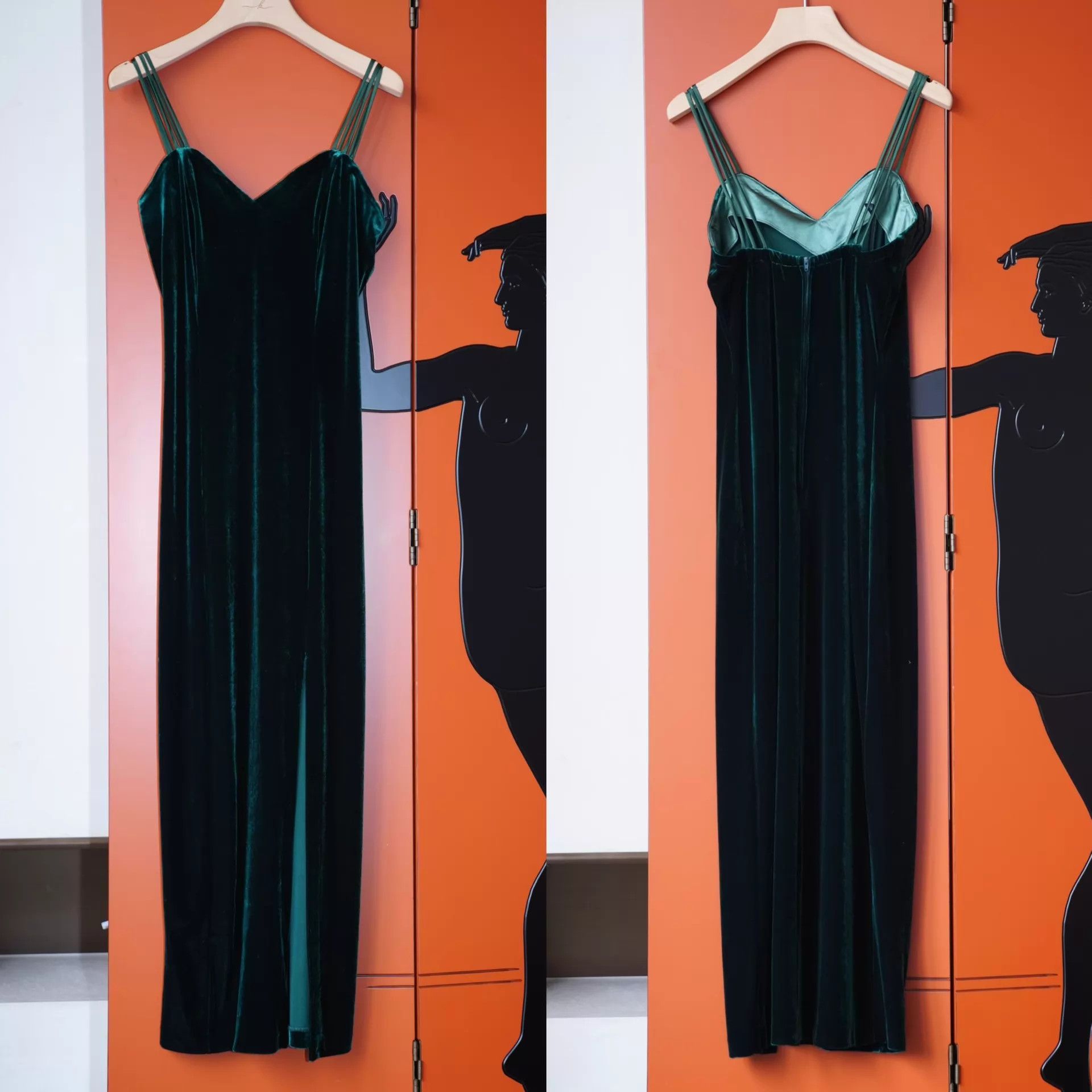 Other Vintage US Dark Green Velvet Cami High Slit Dress S/M Size S / US 4 / IT 40 - 2 Thumbnail
