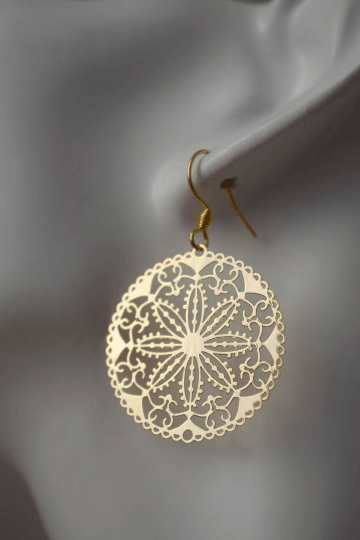 Designer Mandala gold earrings, Boho filigree gold earrings Size ONE SIZE - 1 Thumbnail
