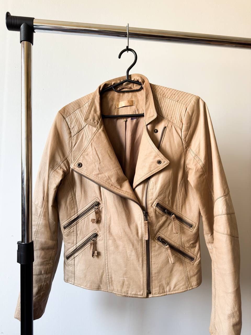 image of Multipocket Biker Leather Jacket in Beige, Women's (Size Medium)
