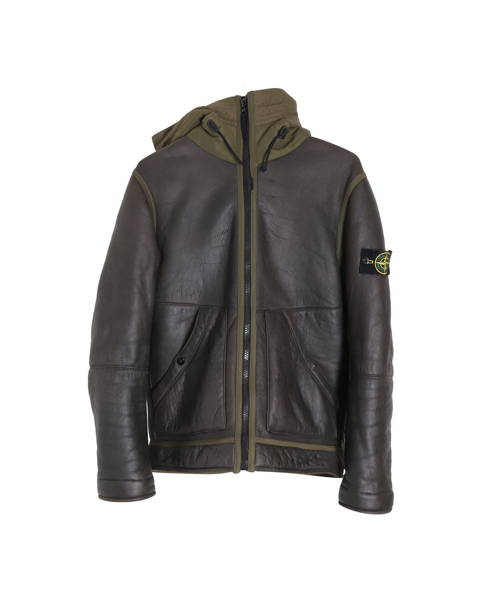 image of Stone Island Hooded Sheepskin Leather Jacket With Front Zip in Brown, Men's (Size Medium)