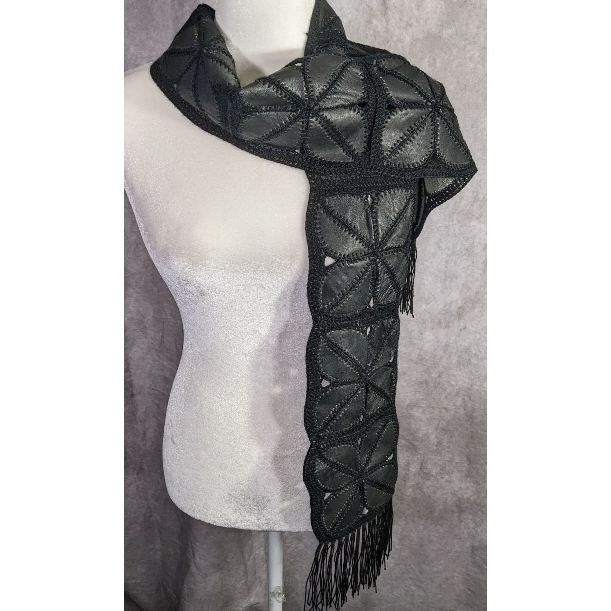 Other Vintage Bohemian Leather & Crochet Patchwork Scarf With Frin Size ONE SIZE - 8 Thumbnail