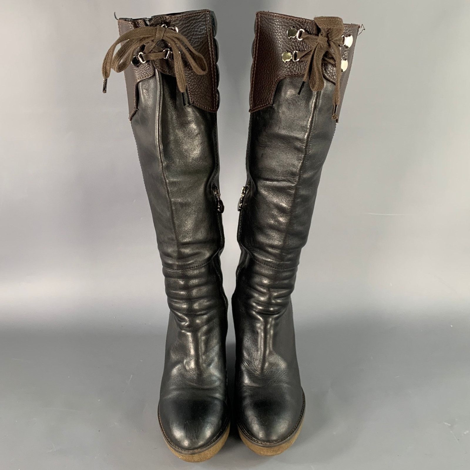 Moncler MONCLER Black Brown Leather Knee High Crepe Sole Wedge Boots Size US 10 / IT 40 - 5 Thumbnail