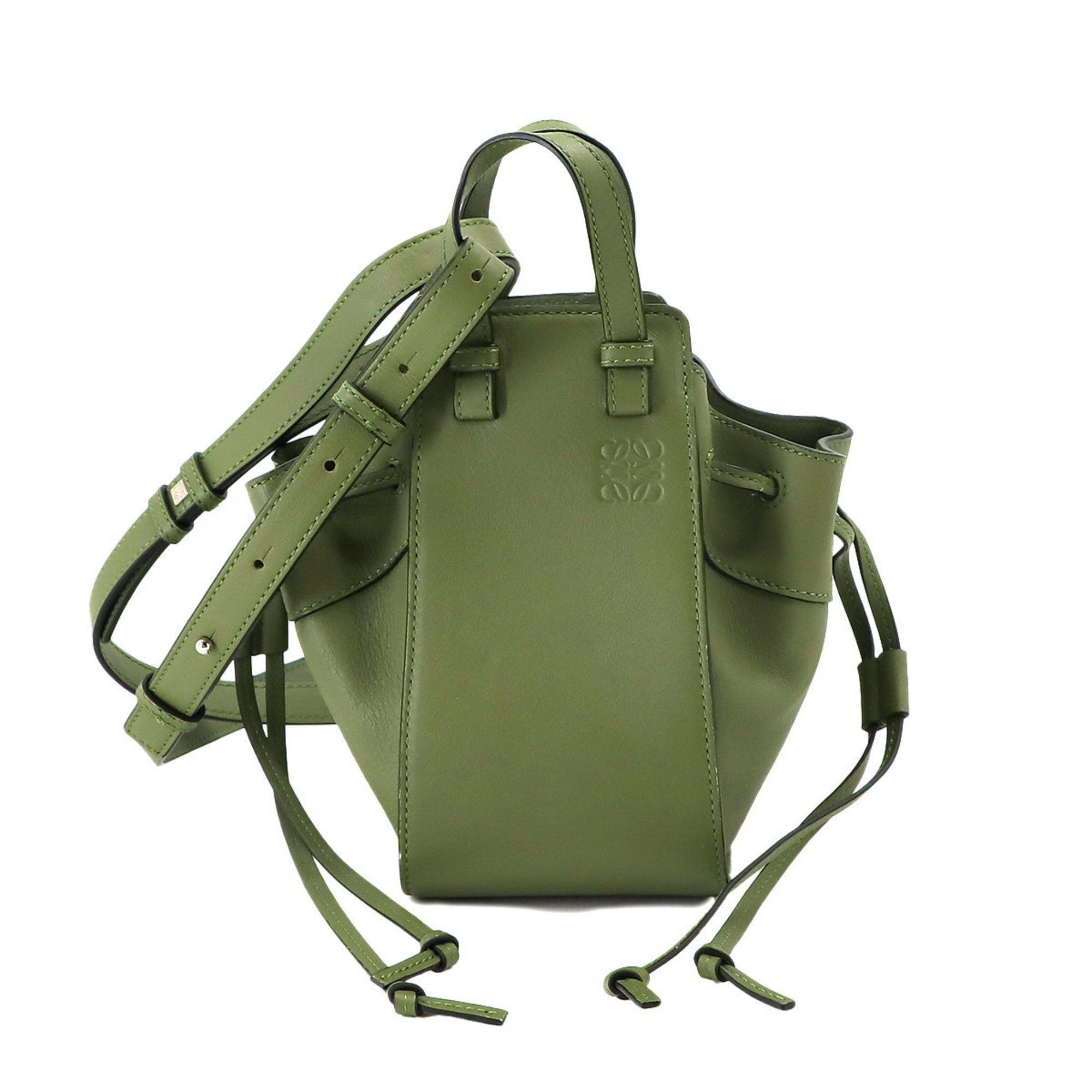 image of Loewe Hammock Drawstring 2Way Hand Shoulder Bag Leather Green Mini, Women's