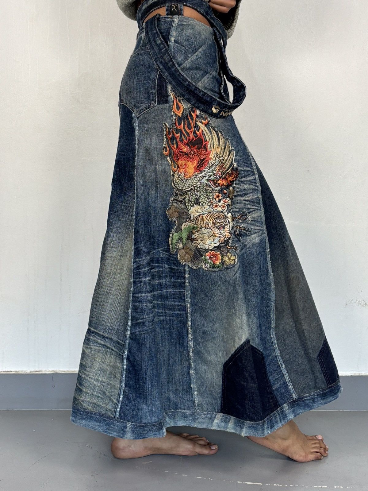 Vintage Japanese embroidered reworked nomad denim skirt