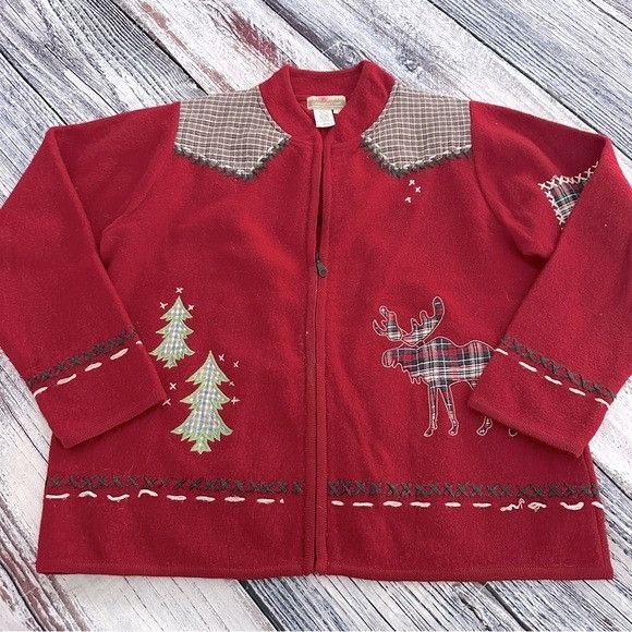Coldwater Creek Vintage Coldwater Creek 100% Wool Zip Up Cabin Chic Moose Sw Size L / US 10 / IT 46 - 1 Thumbnail