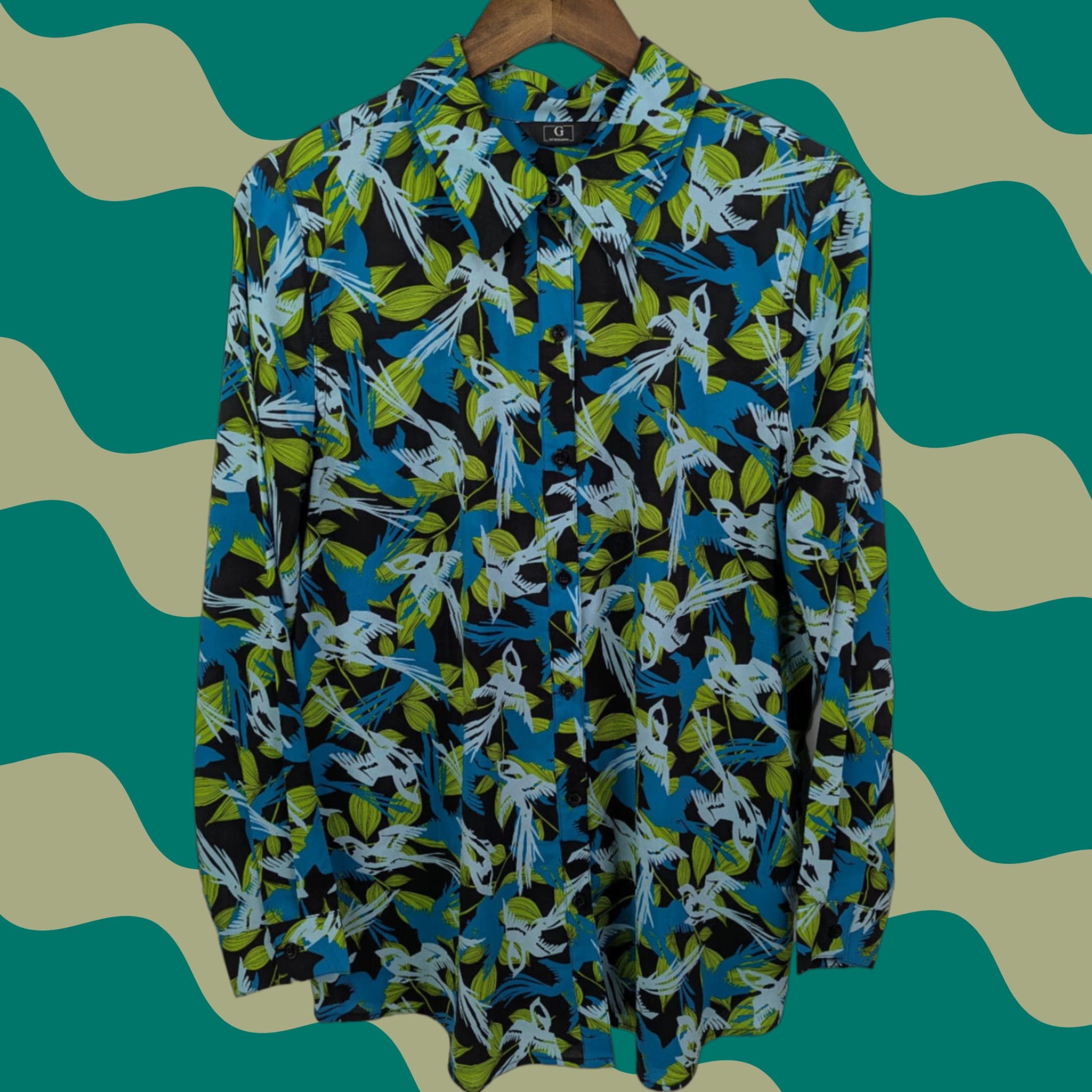 Vintage G by Giuliana Shirt Womens 14 Long Sleeve Floral Button-Up Green Blue Birds - (Note: remove extra punctuation) Size XL / US 12-14 / IT 48-50 - 1 Thumbnail