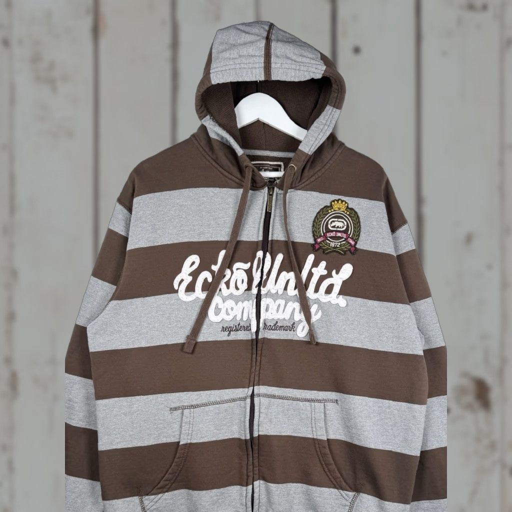 Ecko Unltd. VINTAGE Ecko Unltd. Hoodie Full Zip Striped Gray Brown Men’s L - Y2K Sweatshirt Fashion Sports Logo Crew Neck All Seasons Mens Size US L / EU 52-54 / 3 - 1 Thumbnail