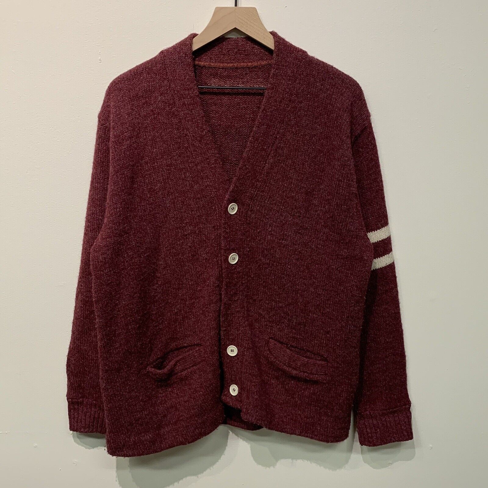 Vintage 50s 60s Red Wool Varsity Cardigan Sweater Mens SZ L