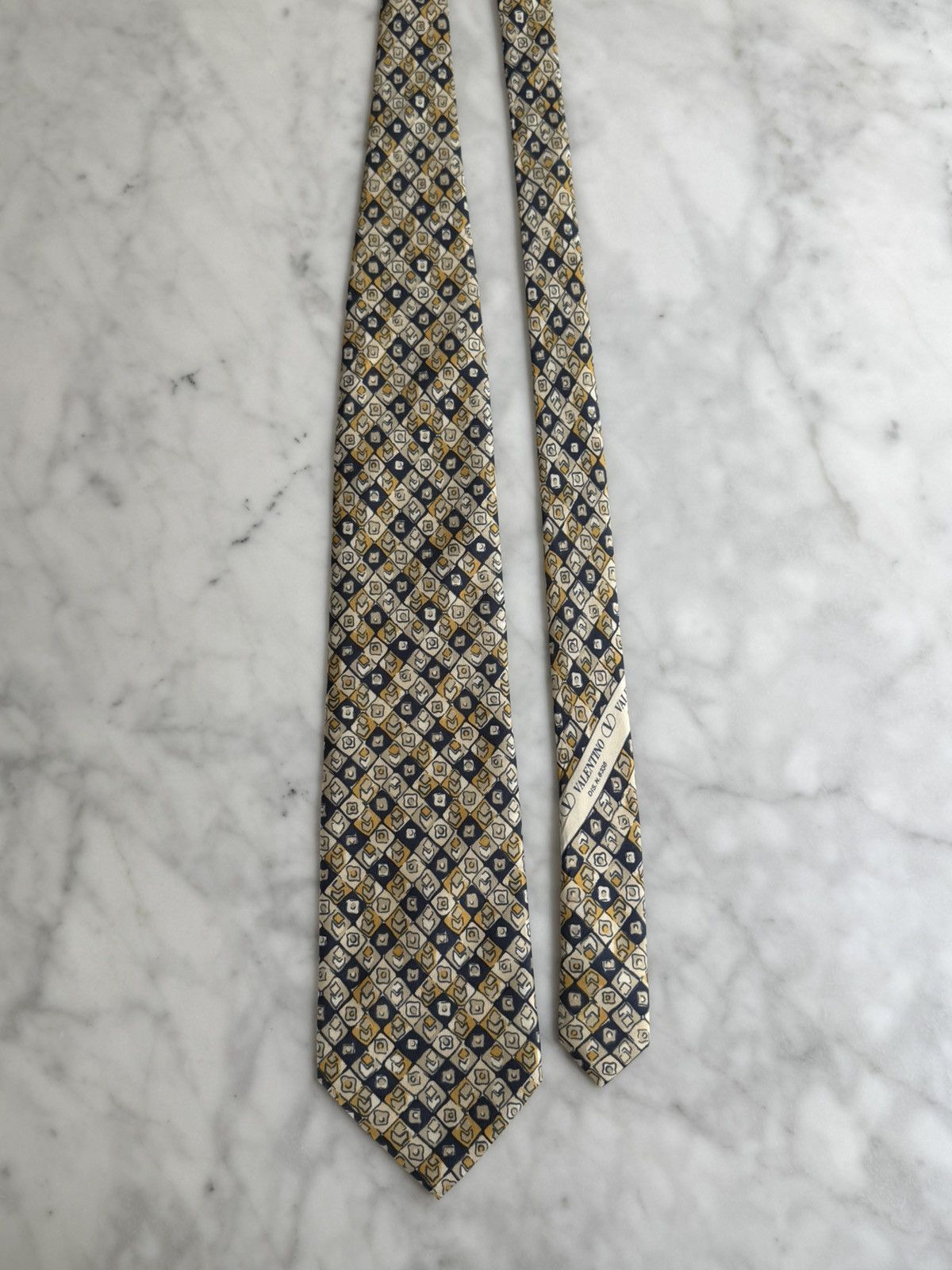 Valentino Valentino Navy Gold Geometric Tie DIS N 6388 100% Silk Italy Size ONE SIZE - 2 Thumbnail