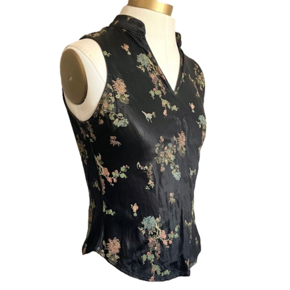 Vintage Vintage 90s Y2K Black Floral Brocade Chinese Bias Satin Top Size XS / US 0-2 / IT 36-38 - 4 Thumbnail