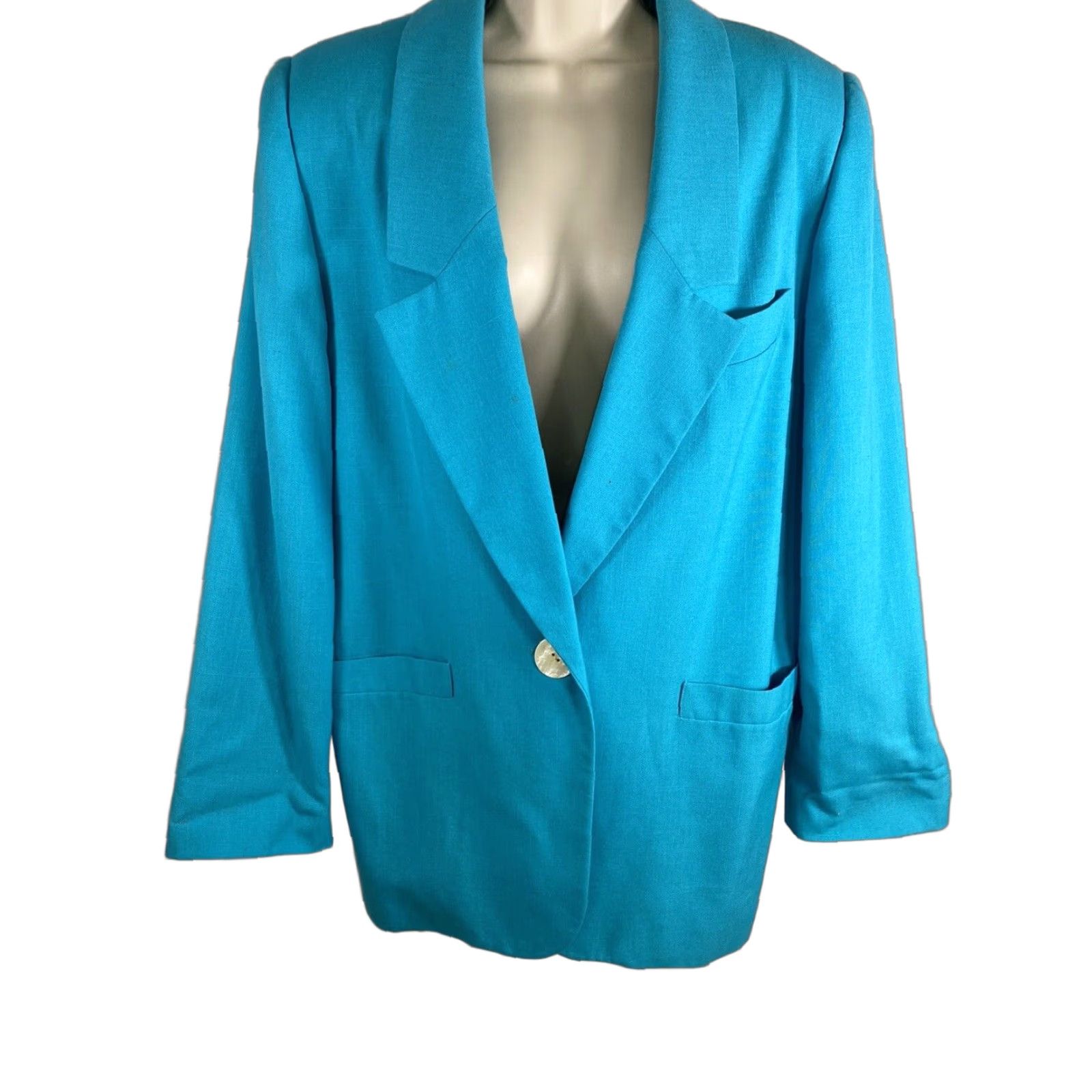 Vintage VTG Lynn Greene Blazer Women’s 10 Notch Lapel Single Button Jacket Solid Blue Mid-Length Lined Polyester Rayon Size L / US 10 / IT 46 - 1 Thumbnail