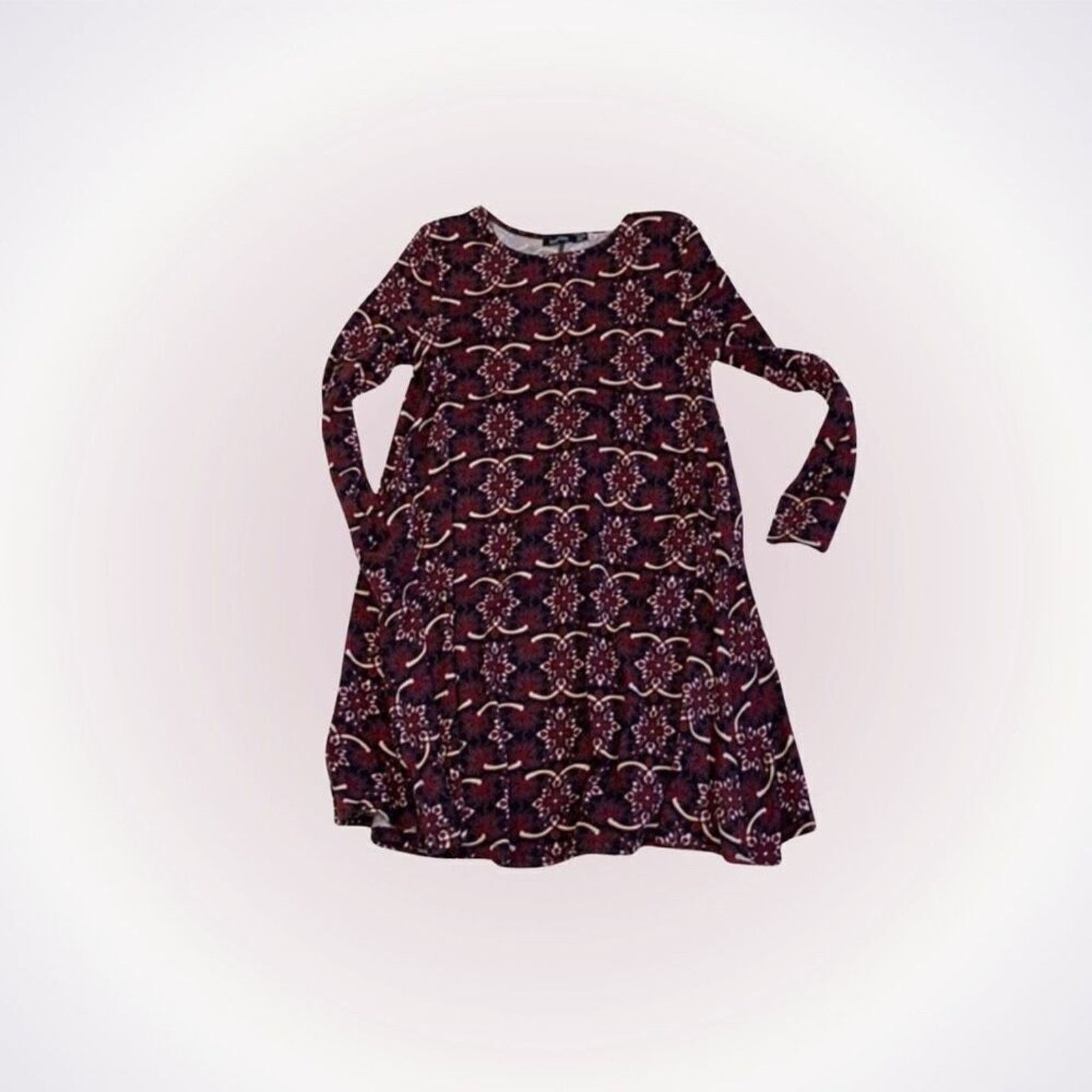 Boohoo Boohoo Maroon Print Long Sleeve Swing Dress | Sz 6 Size M / US 6-8 / IT 42-44 - 1 Thumbnail