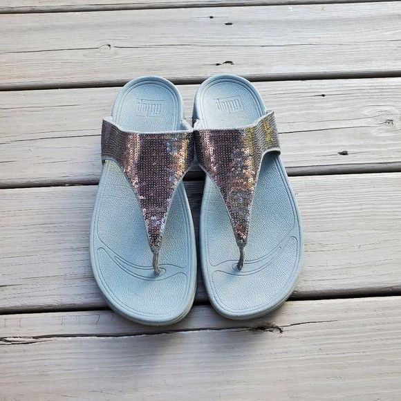 Other FitFlop Electra Classic Pewter Silver Sequin thong Platform Size US 10 / IT 40 - 3 Thumbnail