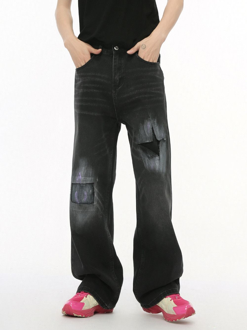 Japanese Brand Men's patched ripped straight-leg black jeans Size US 32 / EU 48 - 1 Thumbnail