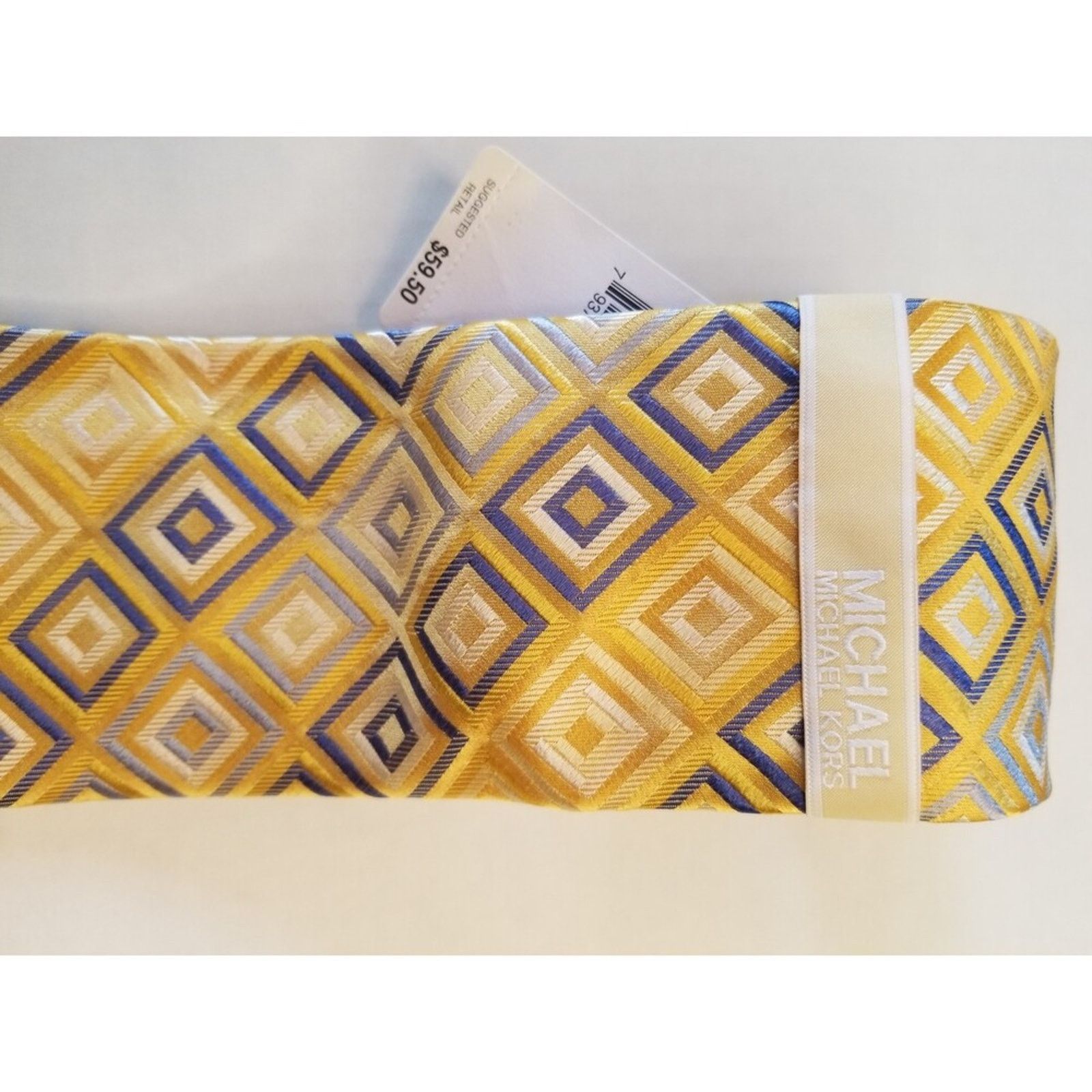 Michael Kors Michael Kors Neck Tie NWT Gold Blue Squares Diagonal Pattern Size ONE SIZE - 2 Thumbnail