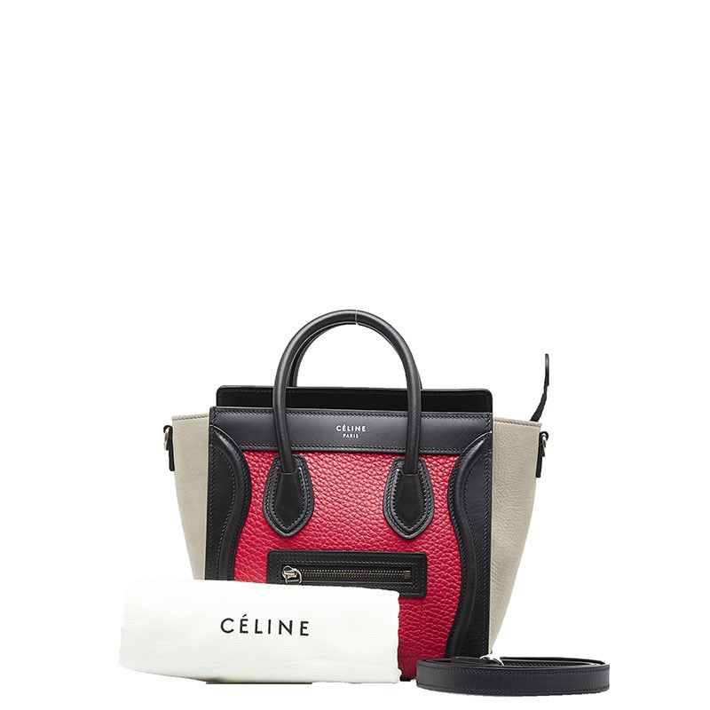 image of Celine Leather Tricolor Nano Luggage Bag in Red, Women's