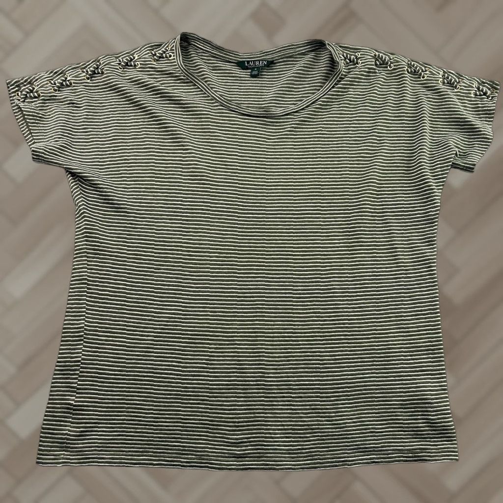 Ralph Lauren Lauren Ralph Lauren Linen Blend Short Sleeve Striped T-Shirt Women's M Olive Green Falls Womens IFR Size M / US 6-8 / IT 42-44 - 1 Thumbnail