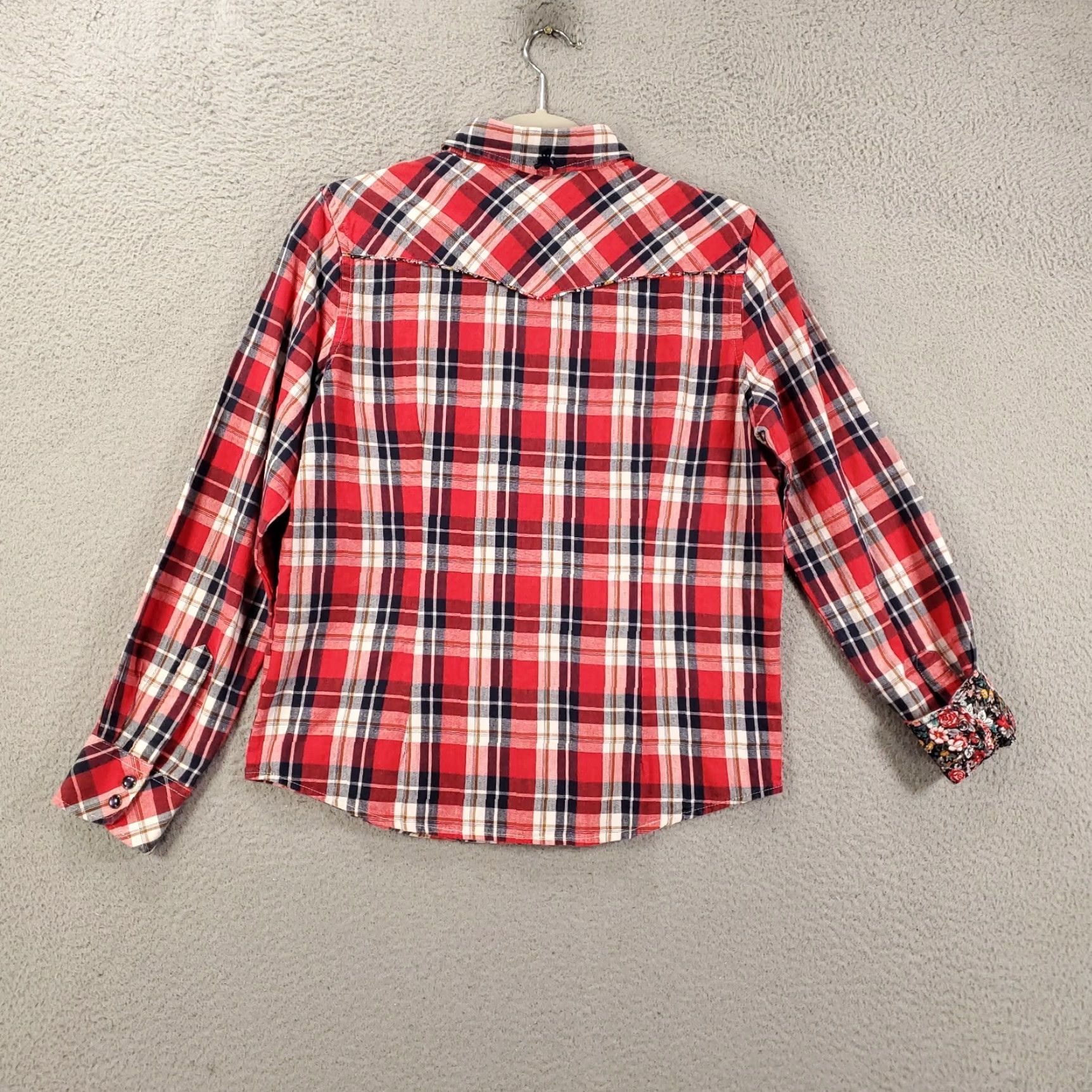 Vintage Rock Roll N Soul Shirt Mens Small Plaid Floral Snap Cuff Trim Cowboy Western Pocketed Red Cotton Blend Button-Up Size US S / EU 44-46 / 1 - 8 Thumbnail