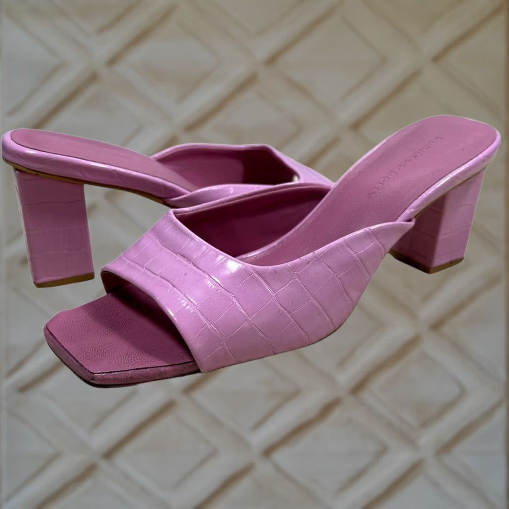 PRINCESS POLLY Princess Polly Pink Faux Leather Croc Mules Block Heel Square Toe Sandal Heels 8 Womens Size US 8 / IT 38 - 1 Thumbnail