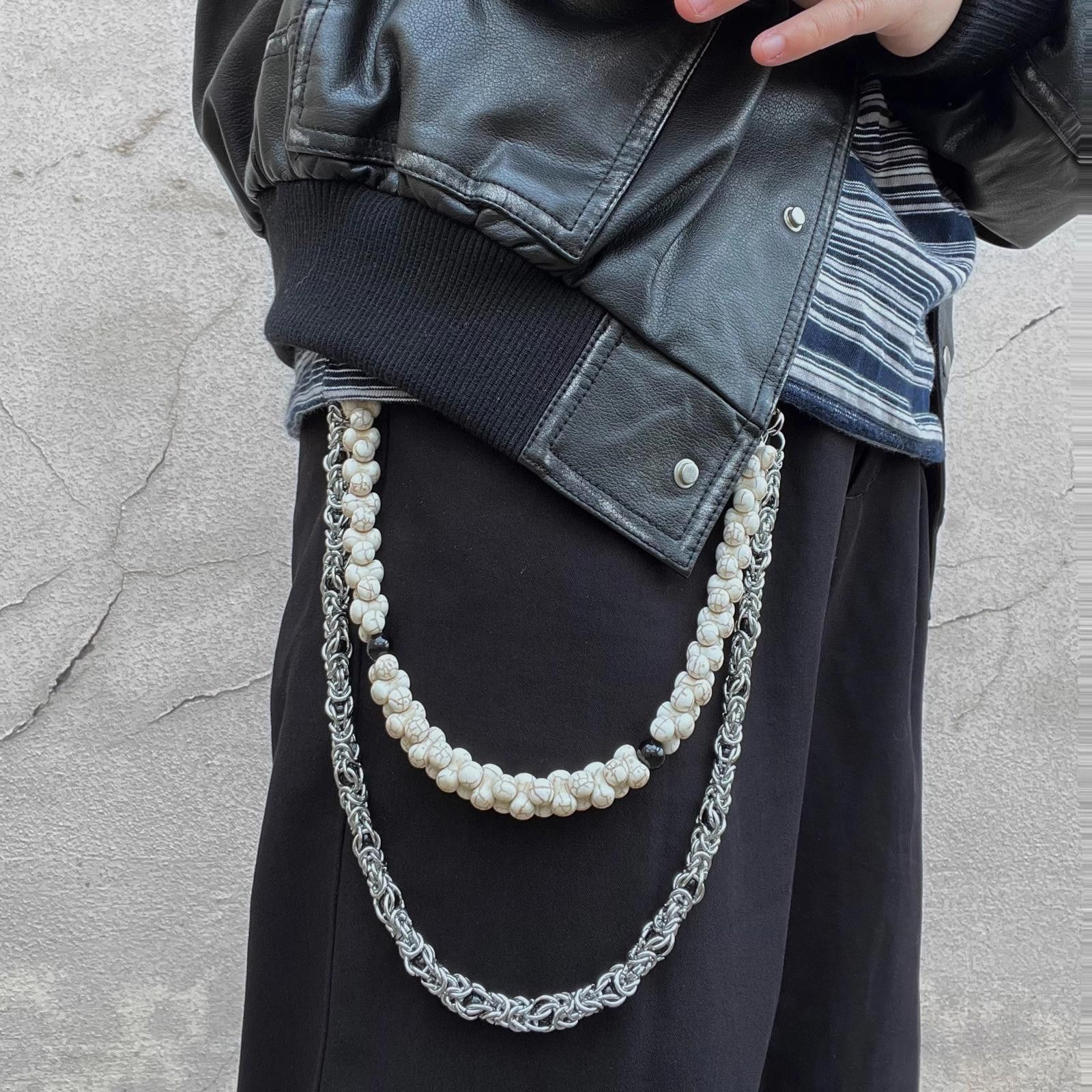 Jewelry Double Layered Steel Gemstone White Turquoise Wallet Chain in Silver, Men's
