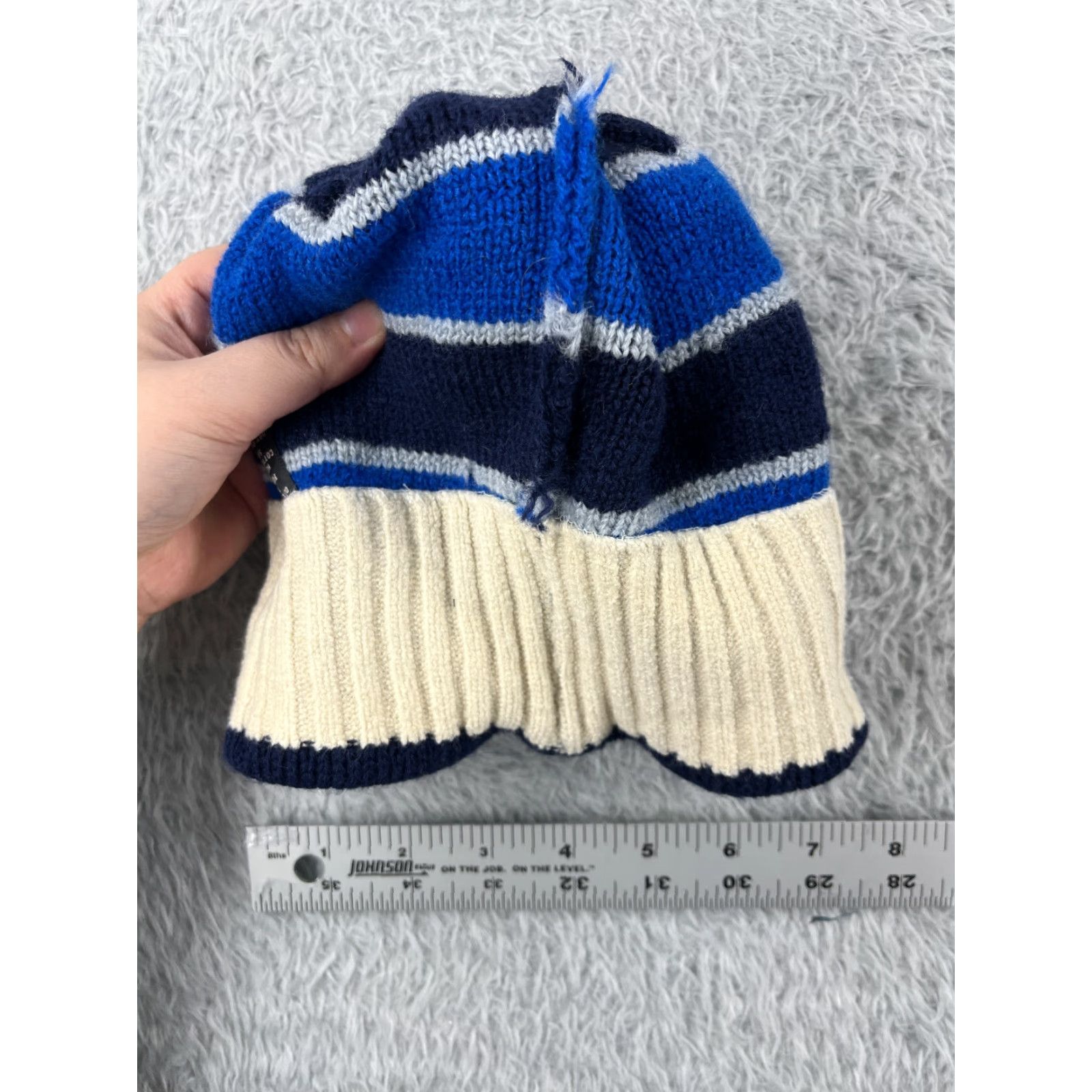 Vintage Smiley Beanie Adult One Size Blue Knit Stripe Wool Spandex Winter Pom Ski Hat/Cap Beanie Mens Womens Unisex Adults Knit Style Logo Ski 90s Size ONE SIZE - 6 Thumbnail