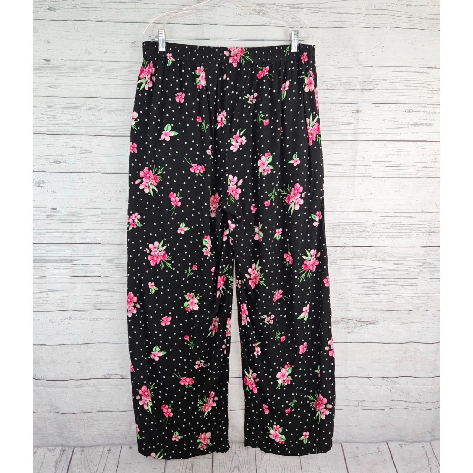 Vintage Woman Within Womens Pants 18W Black Pink Floral Rayon Pull On Pants Womens Trousers Plus Size 18W Size 40" / US 18 - 3 Thumbnail