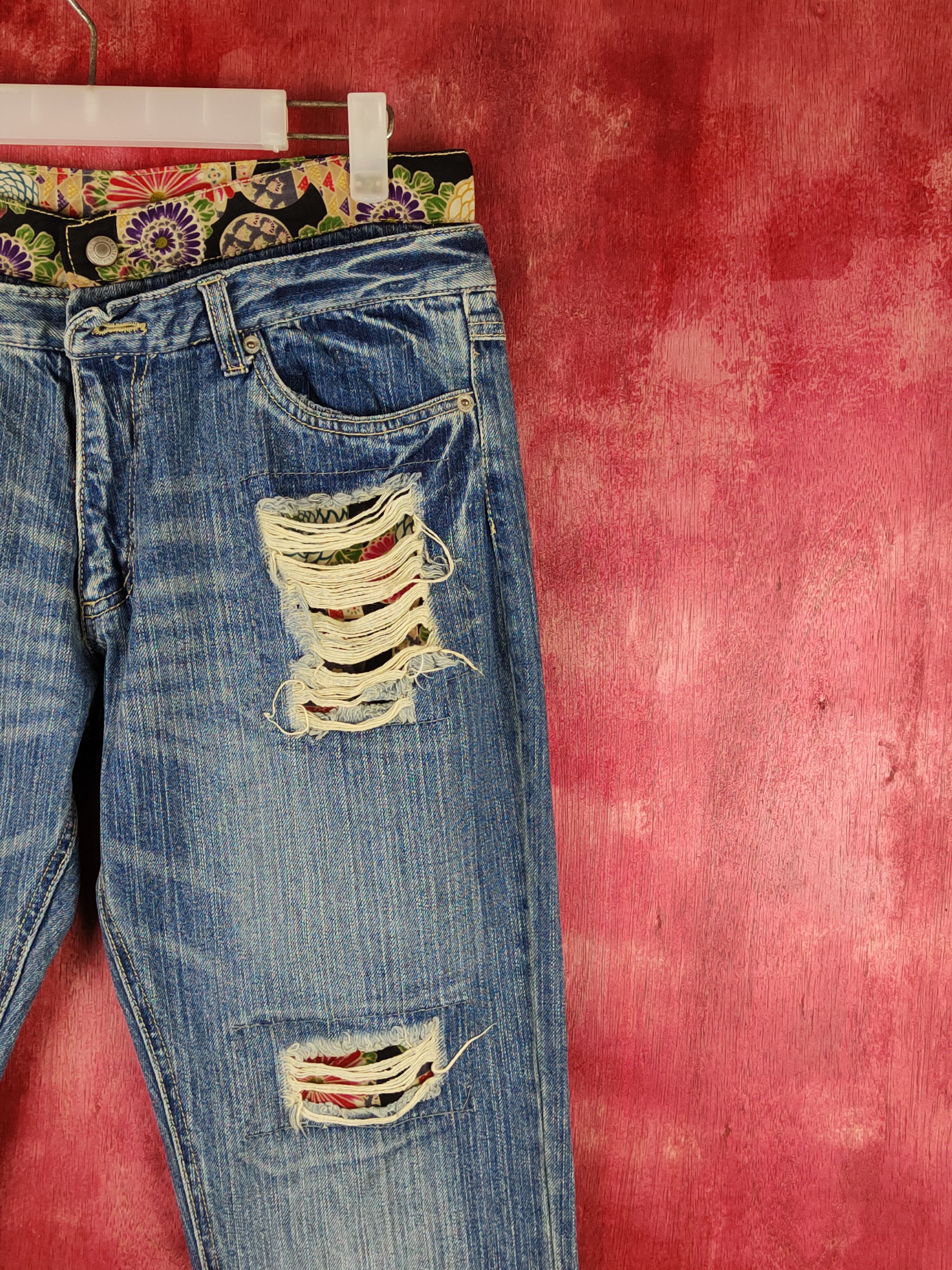 Japanese Brand Double Waist Japan Blue Distressed ripped Denim #S1516 Size 31" - 6 Thumbnail