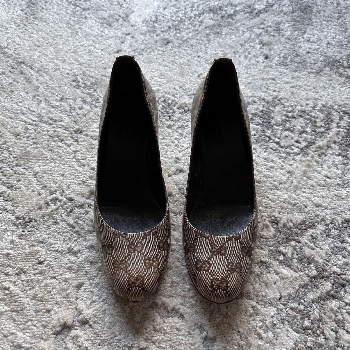 image of Gucci Monogram Cloth Heel Shoes in Beige, Women's (Size 8)