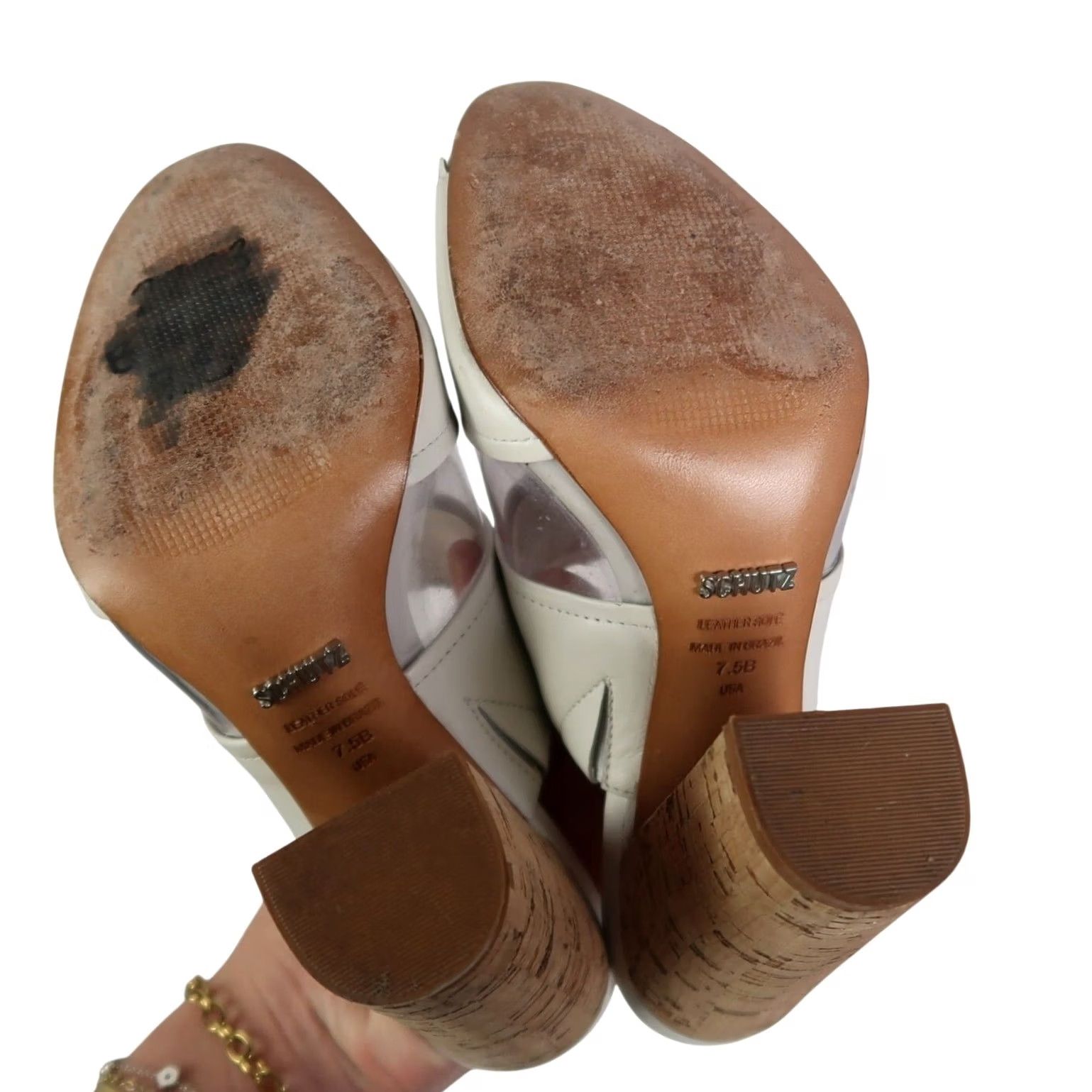 SCHUTZ Schutz White Leather Mule Slip-On Heels Sandals Peep Toe Cork 7.5 Womens Size US 8 / IT 38 - 7 Thumbnail