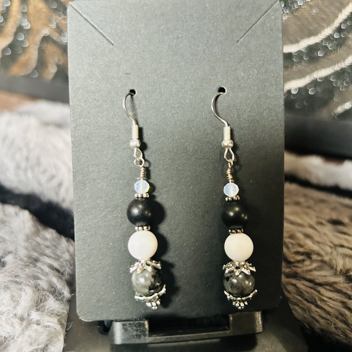 Handmade Handcrafted genuine larvikite vintage bead earrings Size ONE SIZE - 2 Thumbnail