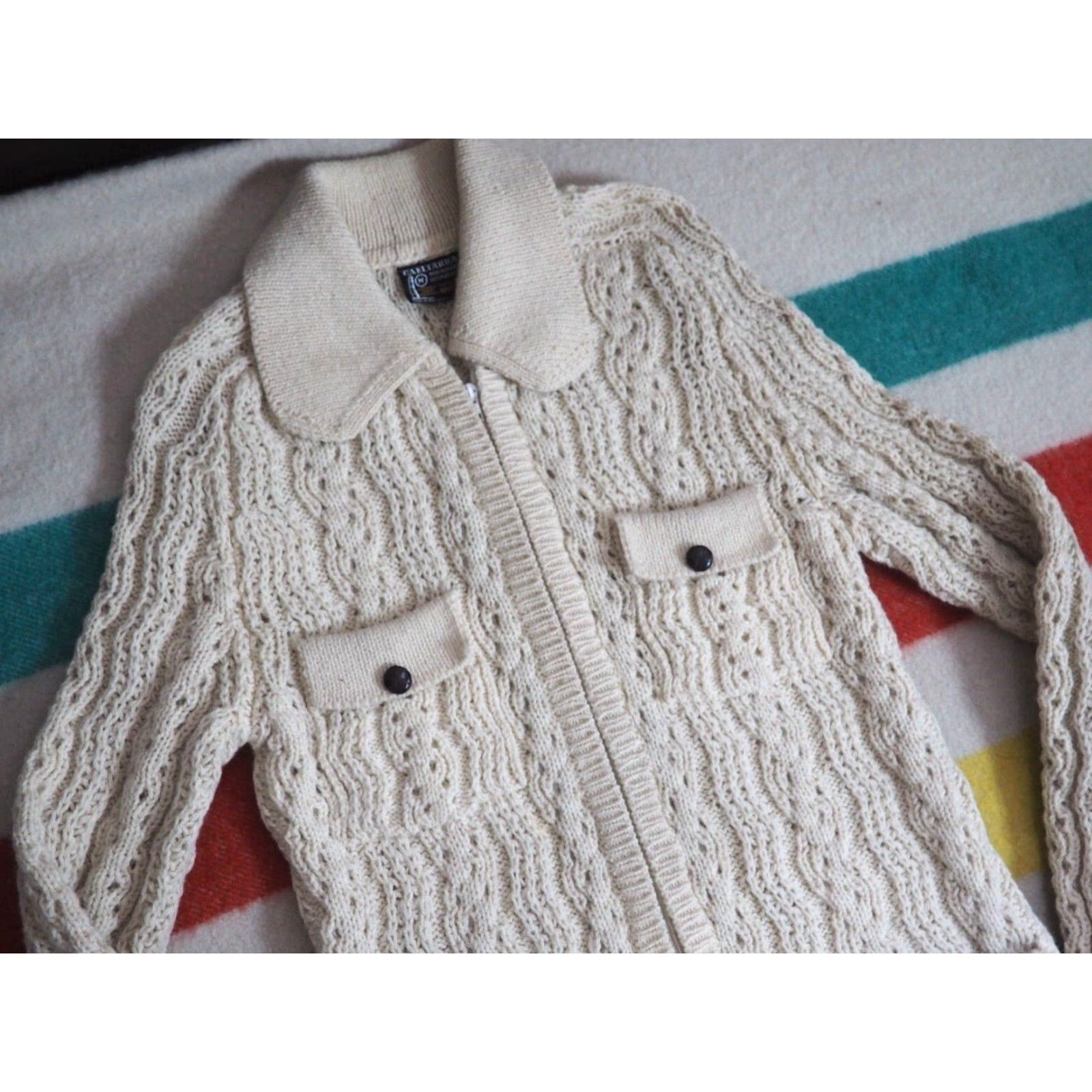 Vintage VTG Gaeltarra 100% Pure Wool Ireland Knit Zip Pocket Sweater Womens M Ivory 70s 80s Size M / US 6-8 / IT 42-44 - 2 Thumbnail