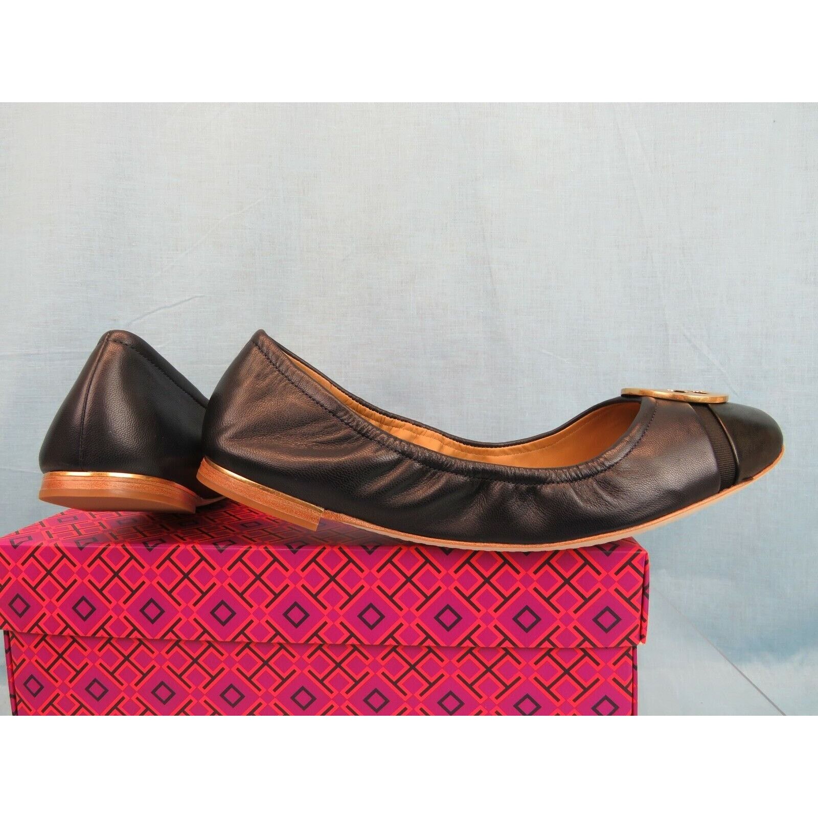 Tory Burch TORY BURCH MINNIE NAVY LEATHER GOLD REVA BLACK TOE FLATS 7.5 Size US 7.5 / IT 37.5 - 8 Thumbnail