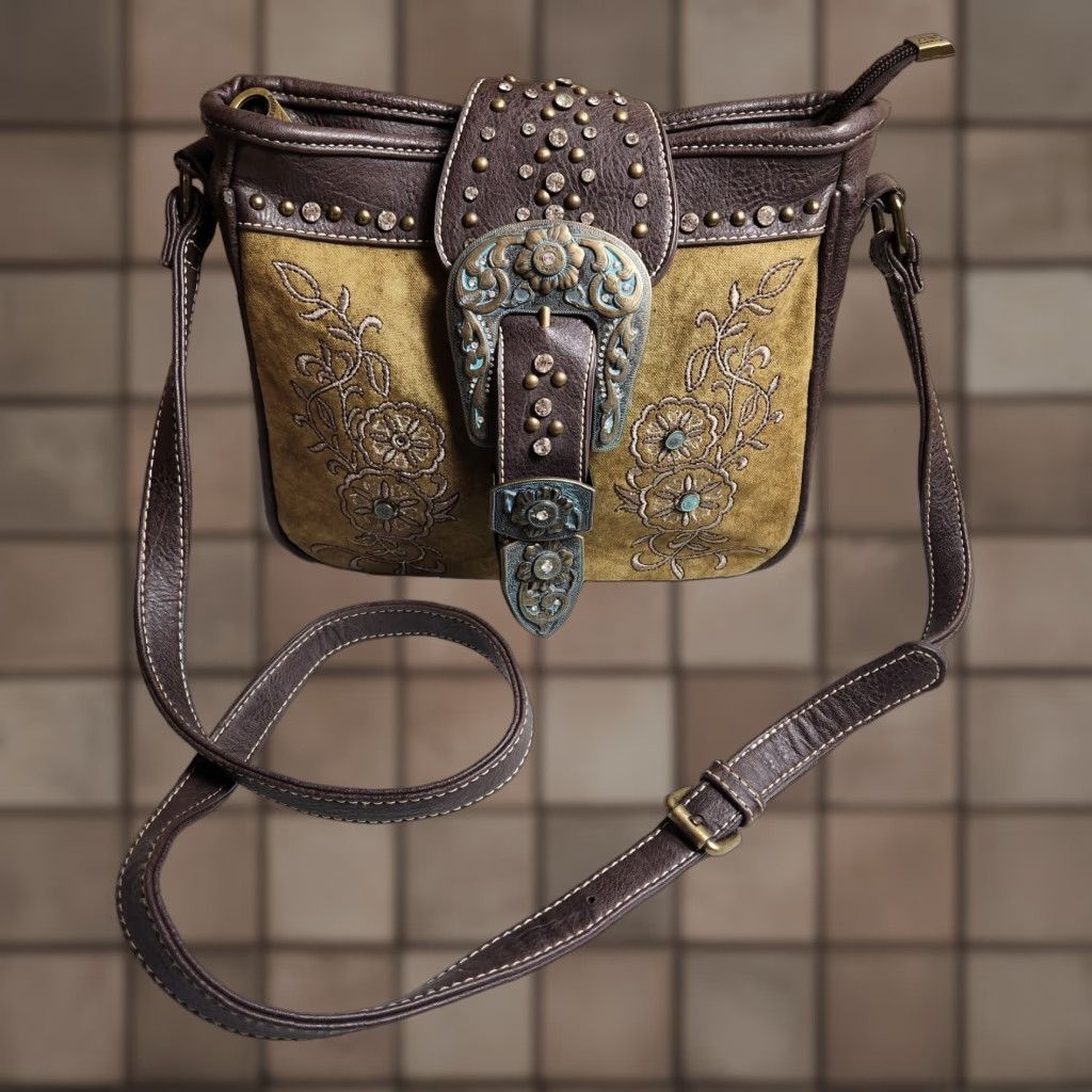 Vintage Montana West Crossbody Bag Brown Canvas Concealed Carry Embroidered Rhinestone Western Faux Leather Strap Women's Medium Size ONE SIZE - 1 Thumbnail