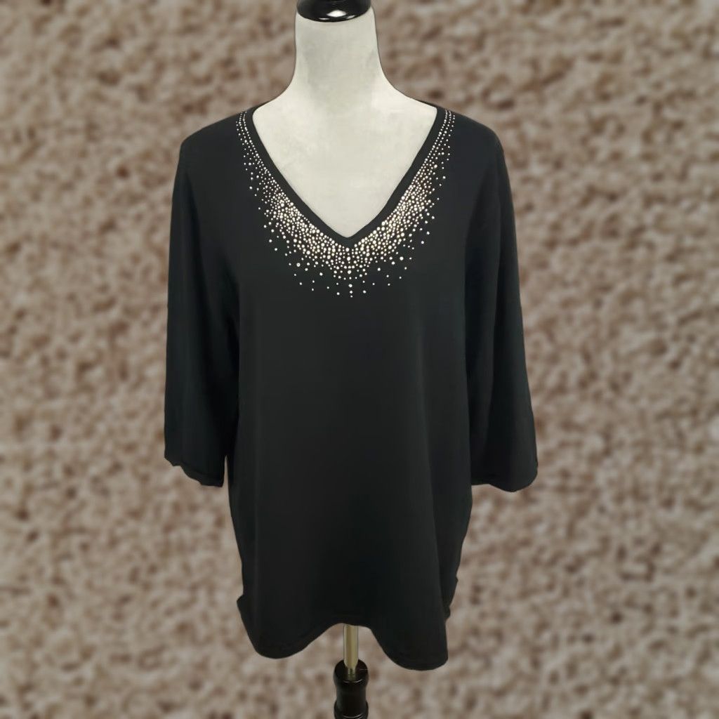 Quacker Factory VINTAGE Quacker Factory Blouse Shirt 1X Black Rhinestone V Neck Pullover Womens Size XL / US 12-14 / IT 48-50 - 1 Thumbnail
