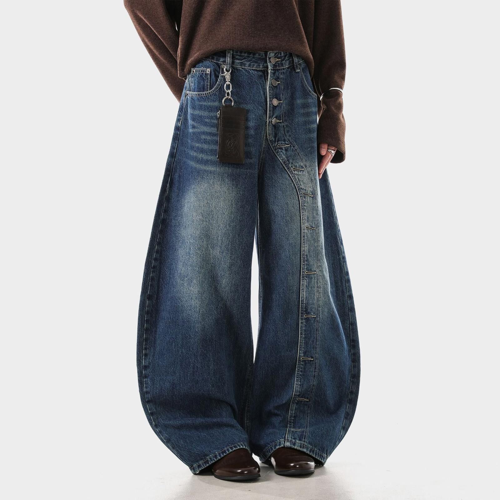 Blue Wide Leg Denim Jeans, Baggy Button Fly Jeans