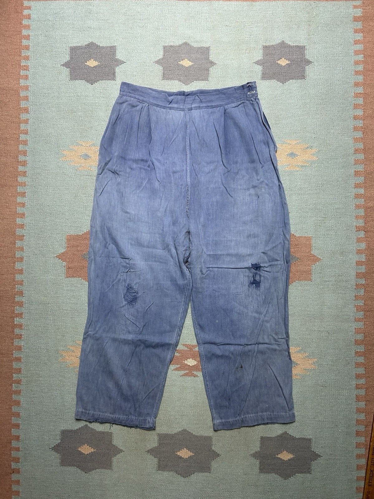 Vintage 1950s side zip pants pedal push farm worn repaired gabardine Size 31" - 1 Thumbnail